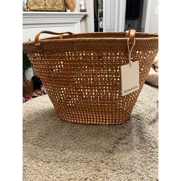 NWT Bembien Women's Brown Raffia Leather Trim Dual Shoulder Straps Tote Bag - Picture 3 of 6